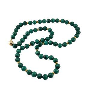 Vintage Malachite Beaded Necklace With 10K Gold Spacers Clasp 7mm